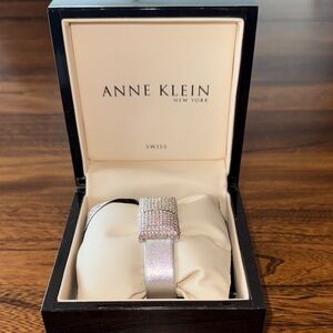Anne Klein Silver Metallic Strap Watch with Pave Crystal Dial